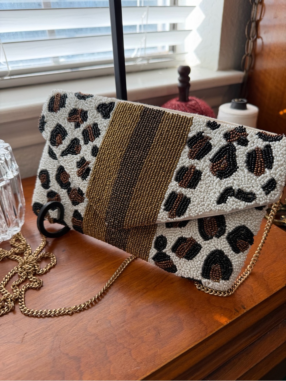 Hand Beaded Leopard Print Clutch Crossbody Bag Gold Chain